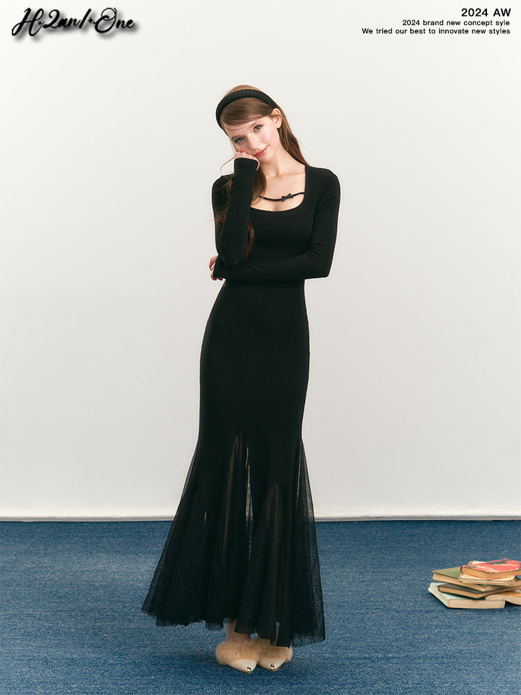 Fitted Fishtail Dress With Bow Strap And Mesh Hem