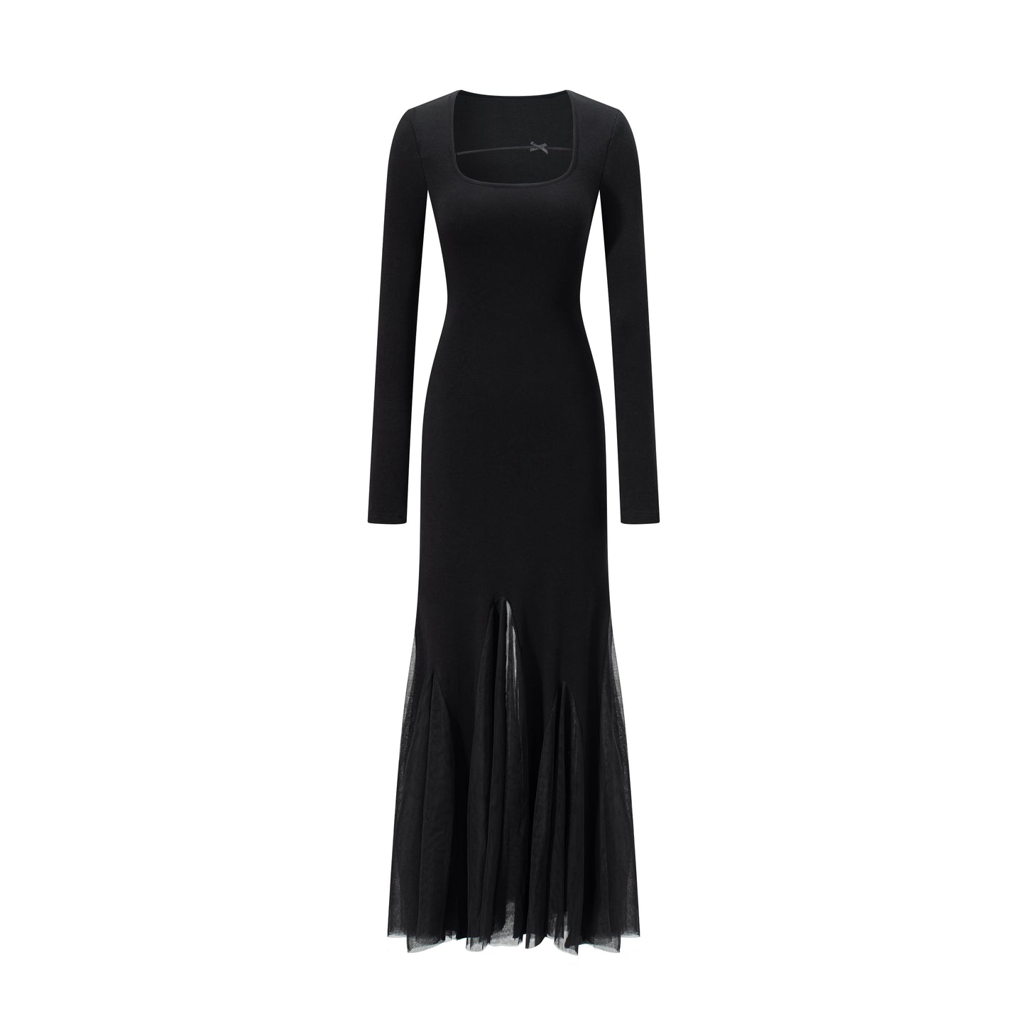Fitted Fishtail Dress With Bow Strap And Mesh Hem