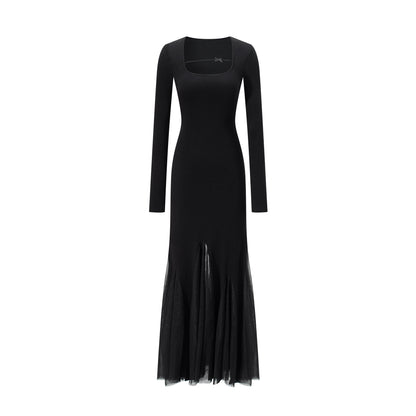Fitted Fishtail Dress With Bow Strap And Mesh Hem