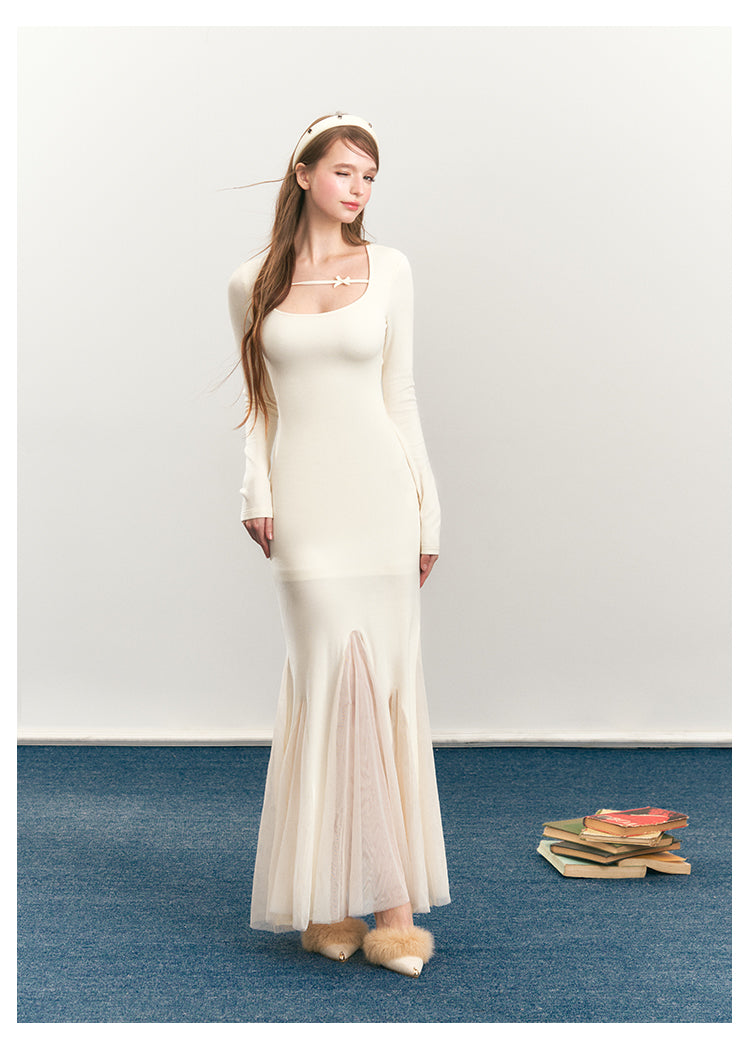 Fitted Fishtail Dress With Bow Strap And Mesh Hem