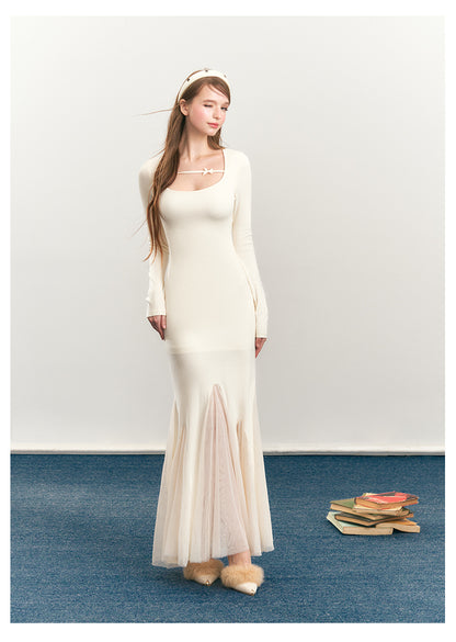 Fitted Fishtail Dress With Bow Strap And Mesh Hem