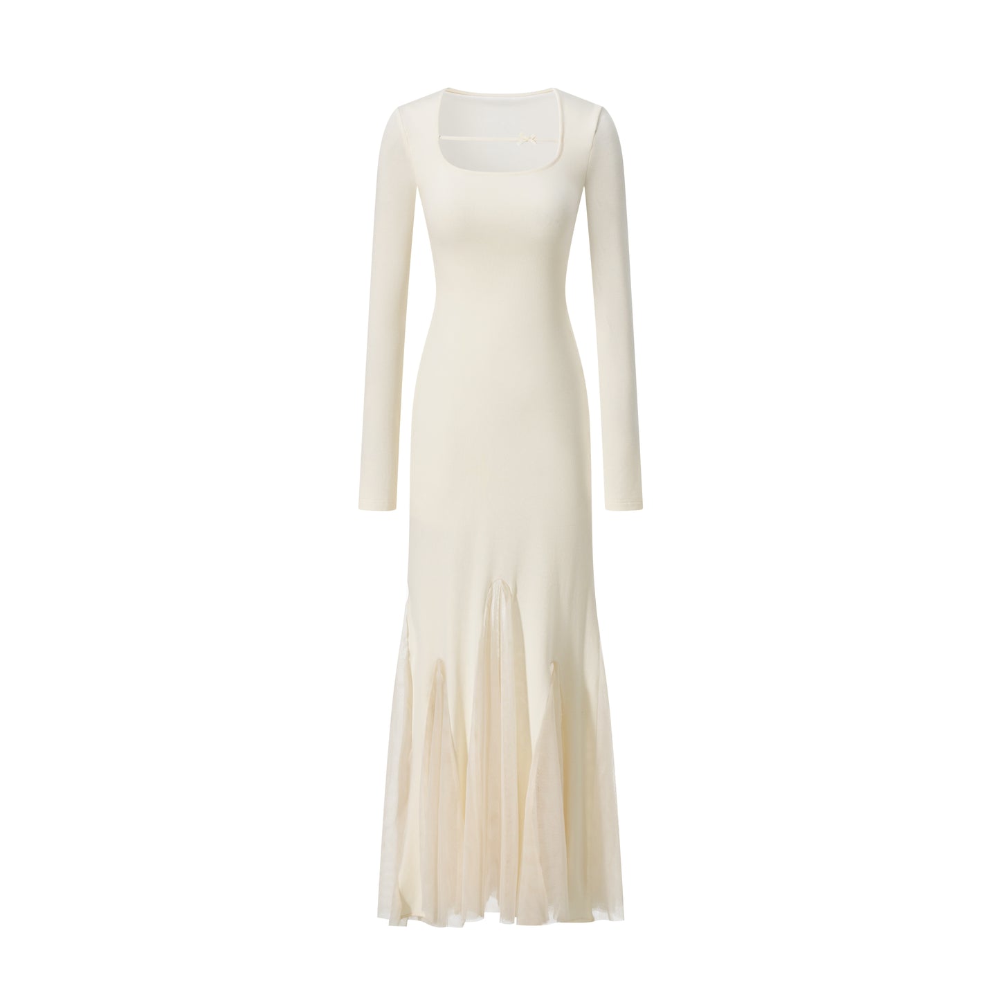 Fitted Fishtail Dress With Bow Strap And Mesh Hem