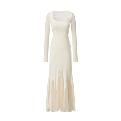 Fitted Fishtail Dress With Bow Strap And Mesh Hem