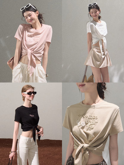 Tie Hem Embroidered T-Shirt