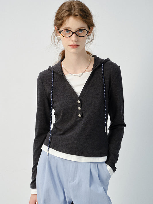Layered-Look Fitted Knit Hoodie