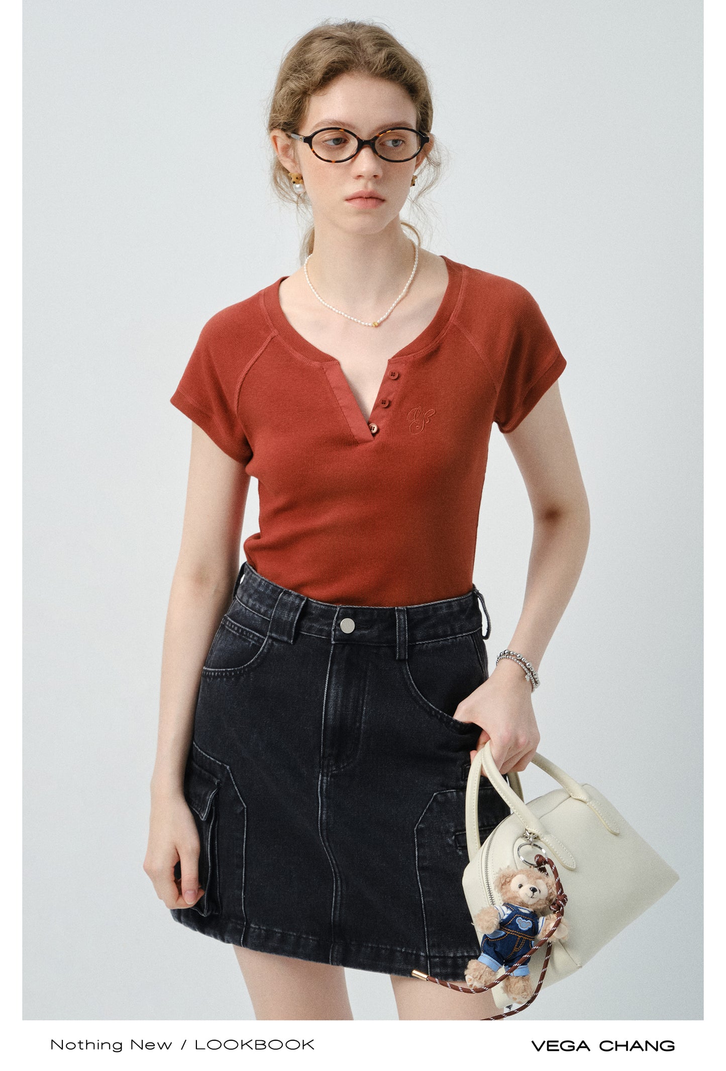 Embroidered Henley Neck Raglan Ribbed T-Shirt
