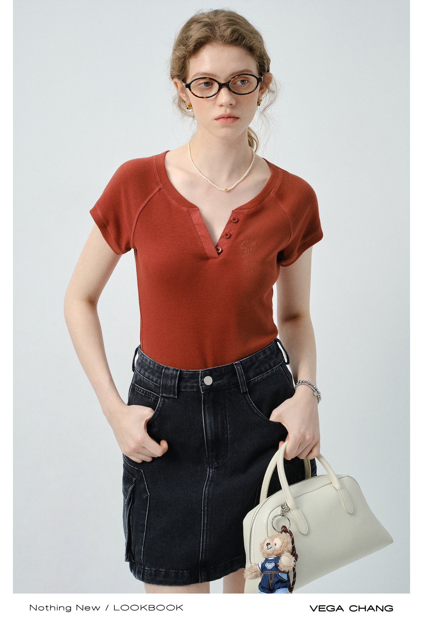 Embroidered Henley Neck Raglan Ribbed T-Shirt