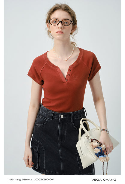 Embroidered Henley Neck Raglan Ribbed T-Shirt