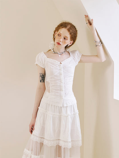 Lace Panel Square-Neck Blouse