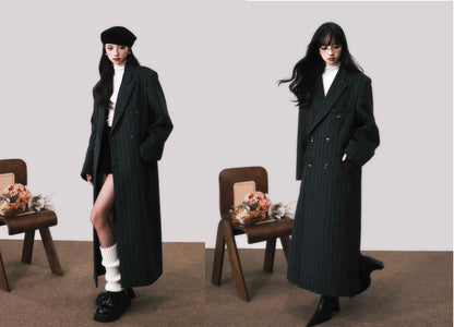 Shoulder Padded Striped Wool Blend Coat