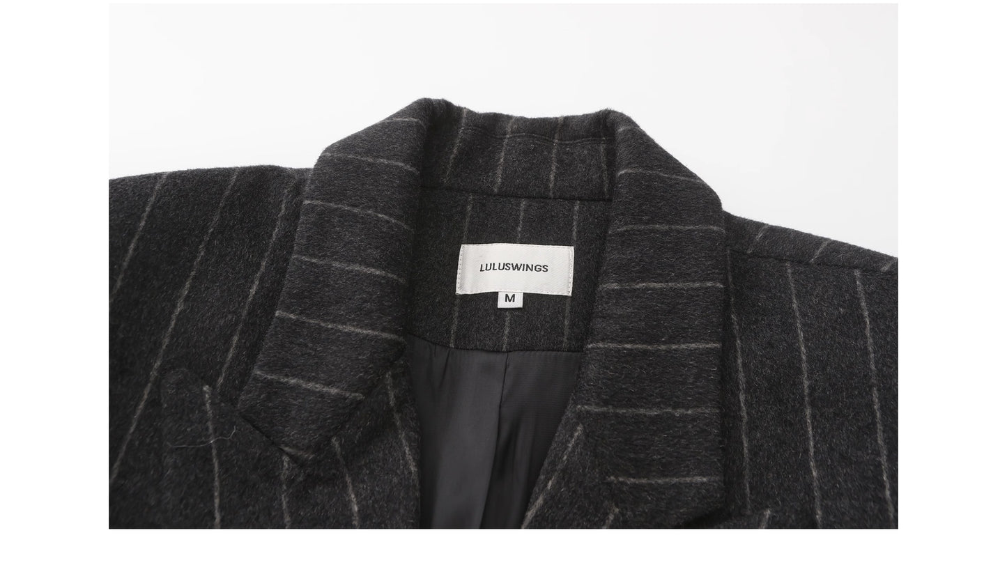 Shoulder Padded Striped Wool Blend Coat