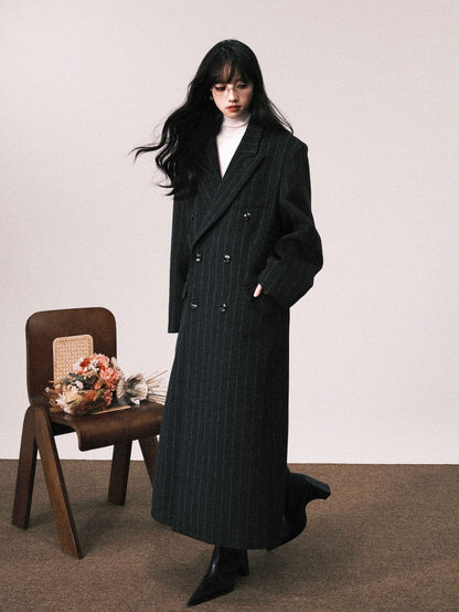 Shoulder Padded Striped Wool Blend Coat