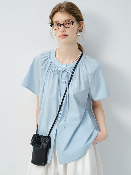 Minimal Blouse With Round Gathered Neck And Tie Detail