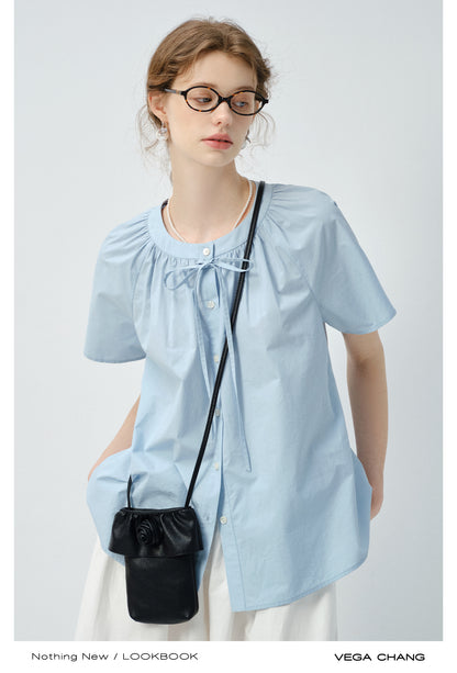 Minimal Blouse With Round Gathered Neck And Tie Detail