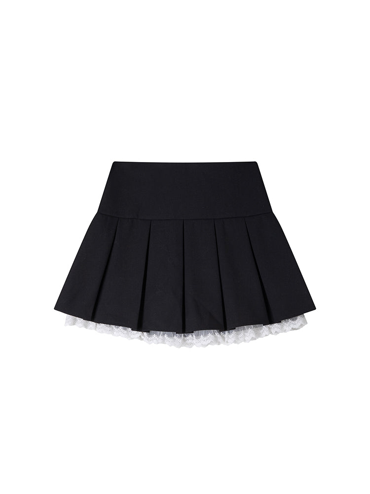 Lace-Trim Pleated High-Waist Skirt