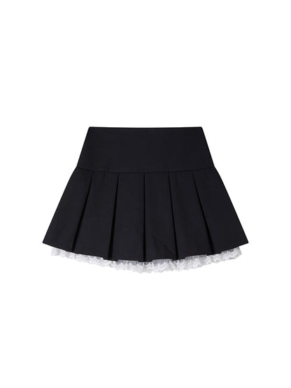 Lace-Trim Pleated High-Waist Skirt