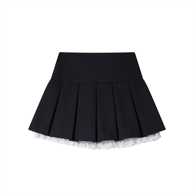 Lace-Trim Pleated High-Waist Skirt