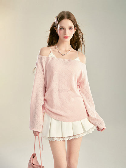 Lace-Trim Pleated High-Waist Skirt