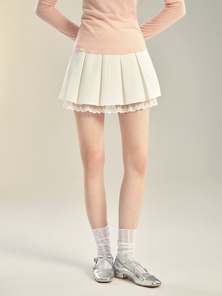 Lace-Trim Pleated High-Waist Skirt