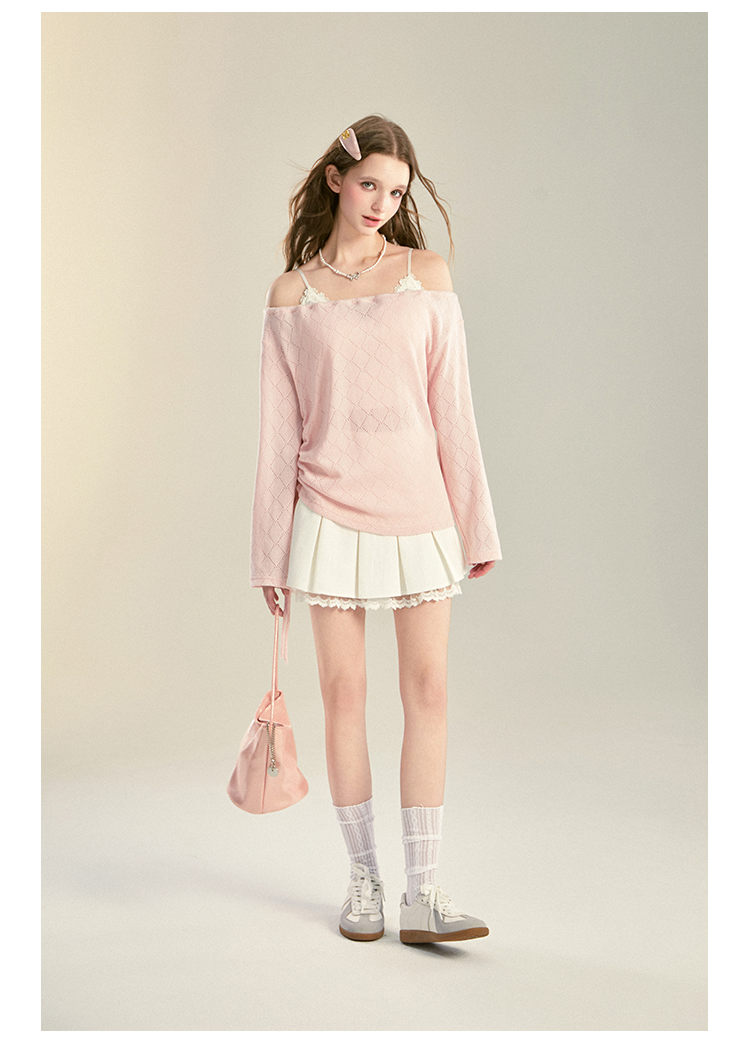 Lace-Trim Pleated High-Waist Skirt