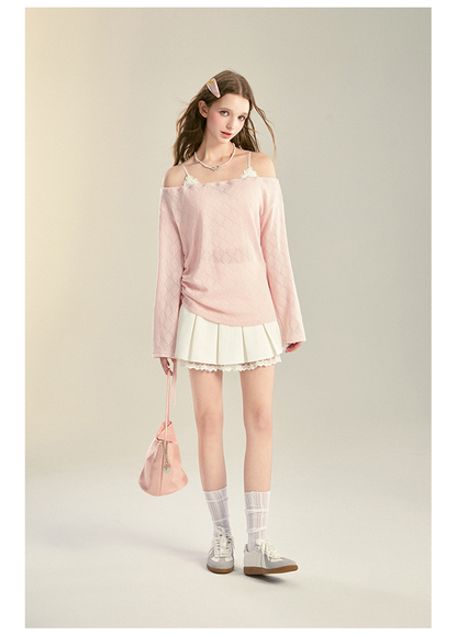 Lace-Trim Pleated High-Waist Skirt