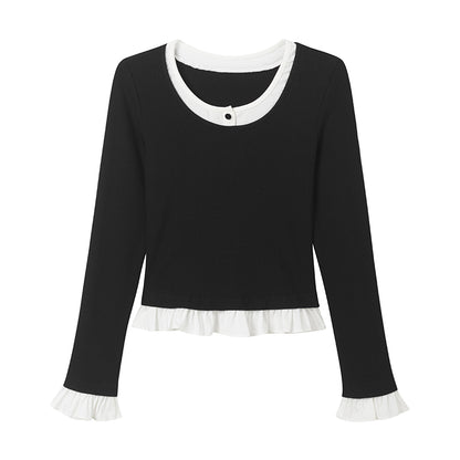Faux Layered Frilled Hem And Sleeve Top