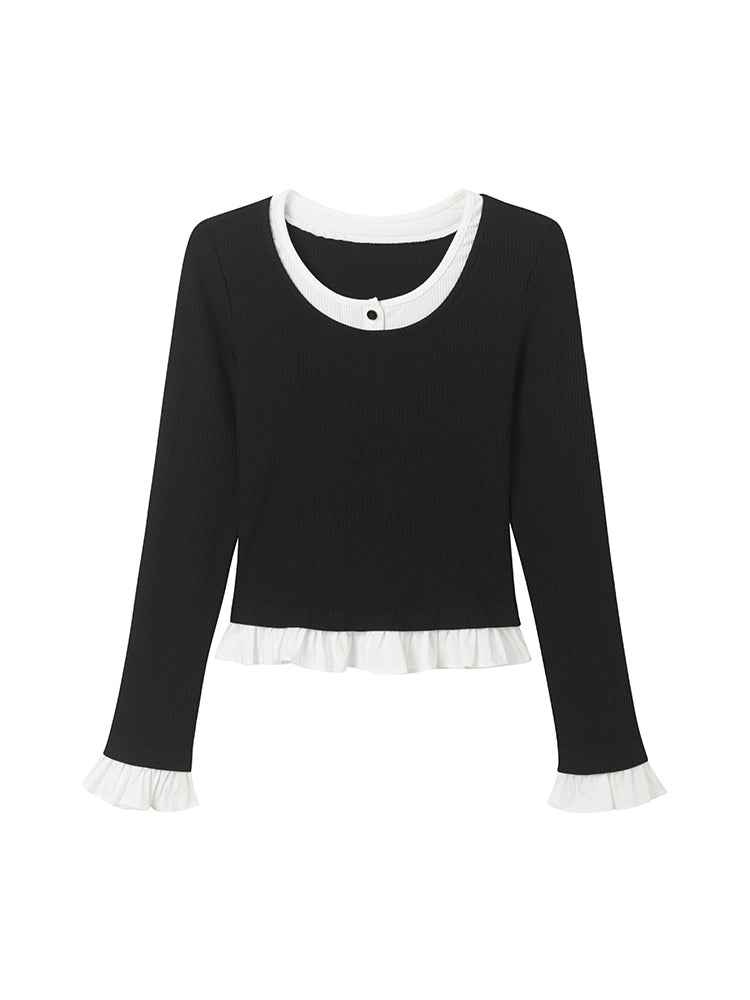 Faux Layered Frilled Hem And Sleeve Top
