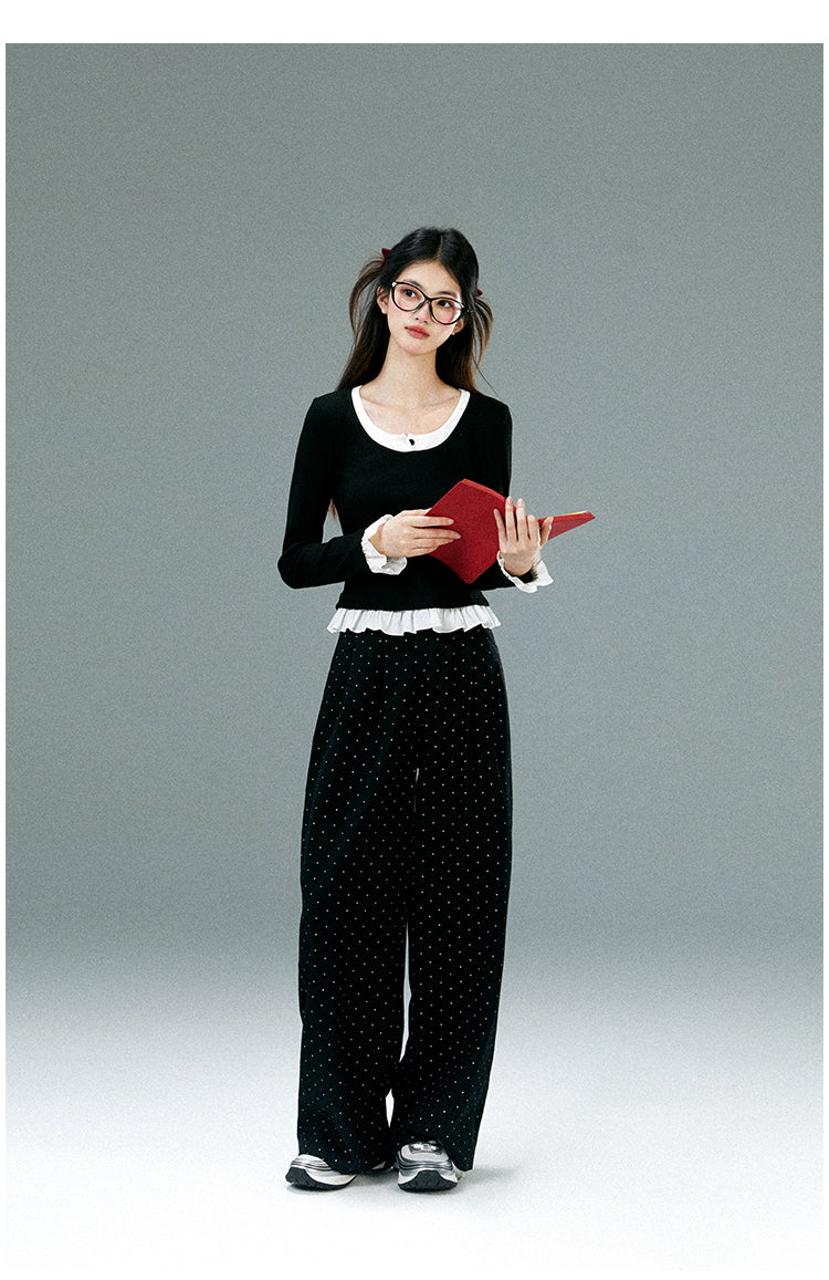Faux Layered Frilled Hem And Sleeve Top