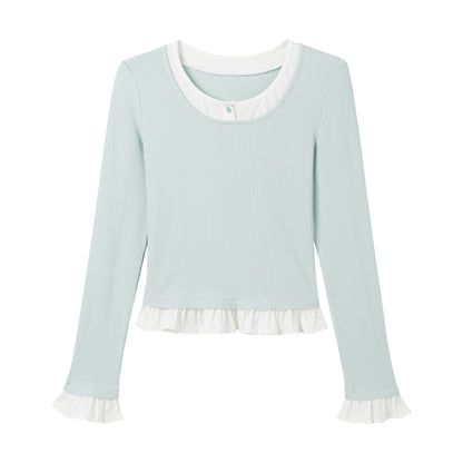 Faux Layered Frilled Hem And Sleeve Top