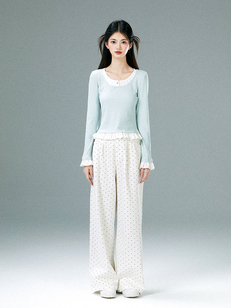 Faux Layered Frilled Hem And Sleeve Top