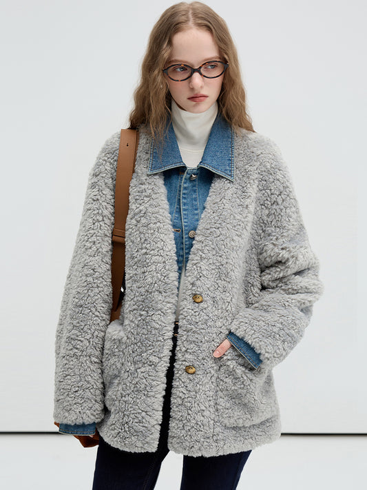 Layered-Style Faux Fur Jacket With Denim Details