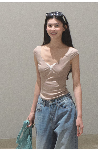 Lyocell Scoop Neck Top With Lace Accent