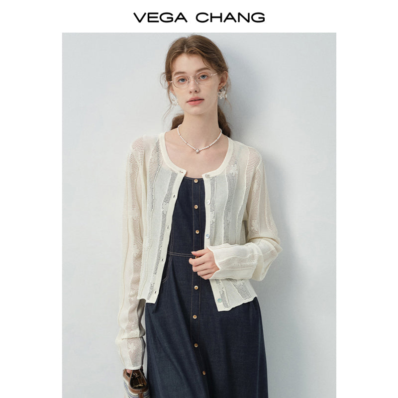 Wavy Striped Lace Knit Cardigan