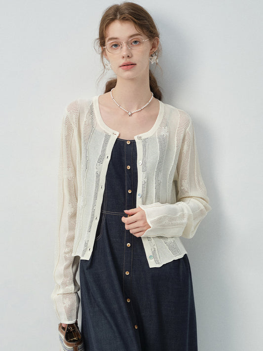 Wavy Striped Lace Knit Cardigan
