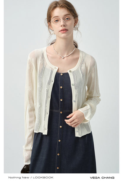 Wavy Striped Lace Knit Cardigan