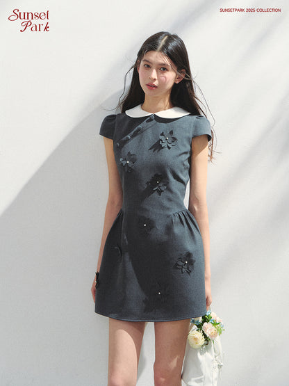 Round-Collar Mini Dress With Floral Embellishments