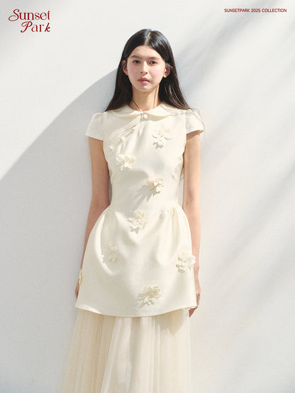 Round-Collar Mini Dress With Floral Embellishments