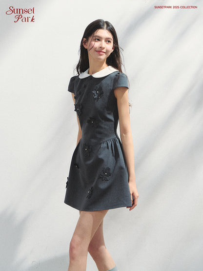 Round-Collar Mini Dress With Floral Embellishments