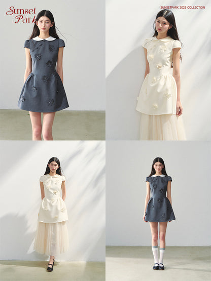 Round-Collar Mini Dress With Floral Embellishments