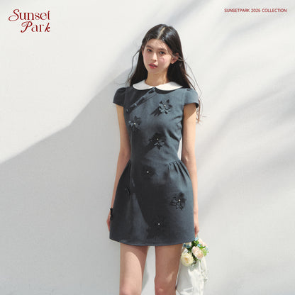 Round-Collar Mini Dress With Floral Embellishments