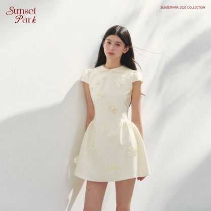 Round-Collar Mini Dress With Floral Embellishments