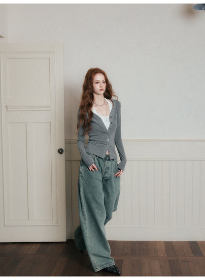 Washed Mid-Rise Wide-Leg Denim Jeans