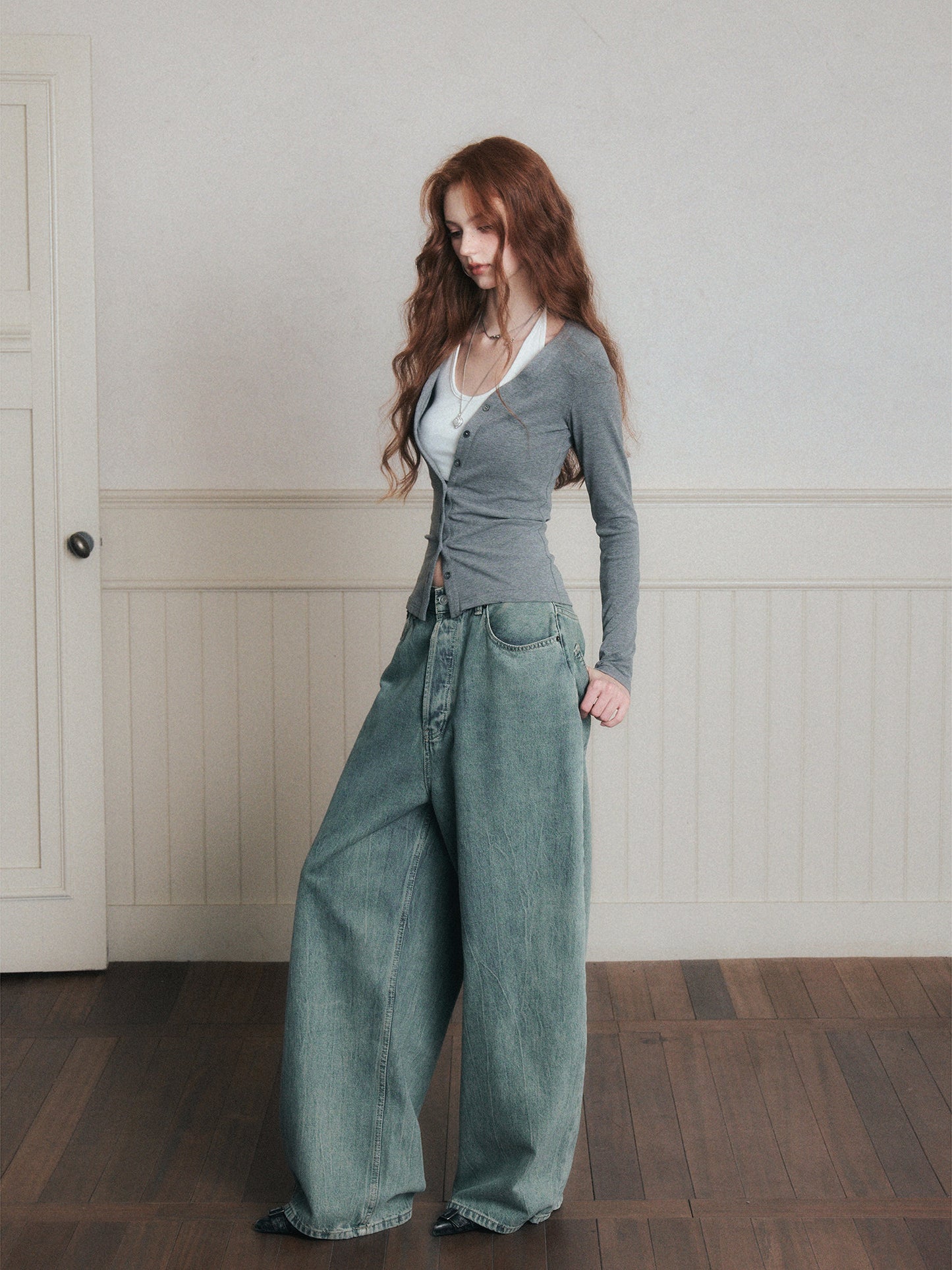Washed Mid-Rise Wide-Leg Denim Jeans