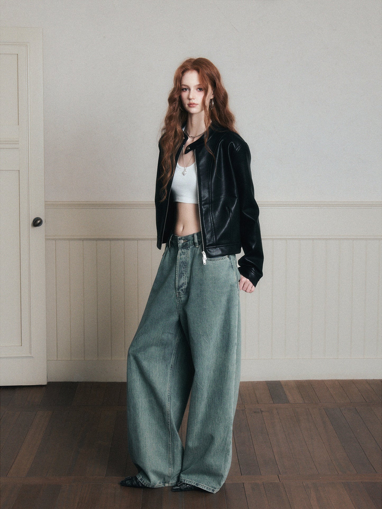 Washed Mid-Rise Wide-Leg Denim Jeans