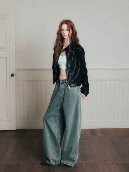 Washed Mid-Rise Wide-Leg Denim Jeans