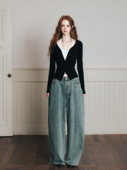 Washed Mid-Rise Wide-Leg Denim Jeans