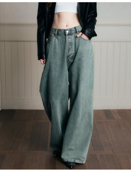 Washed Mid-Rise Wide-Leg Denim Jeans