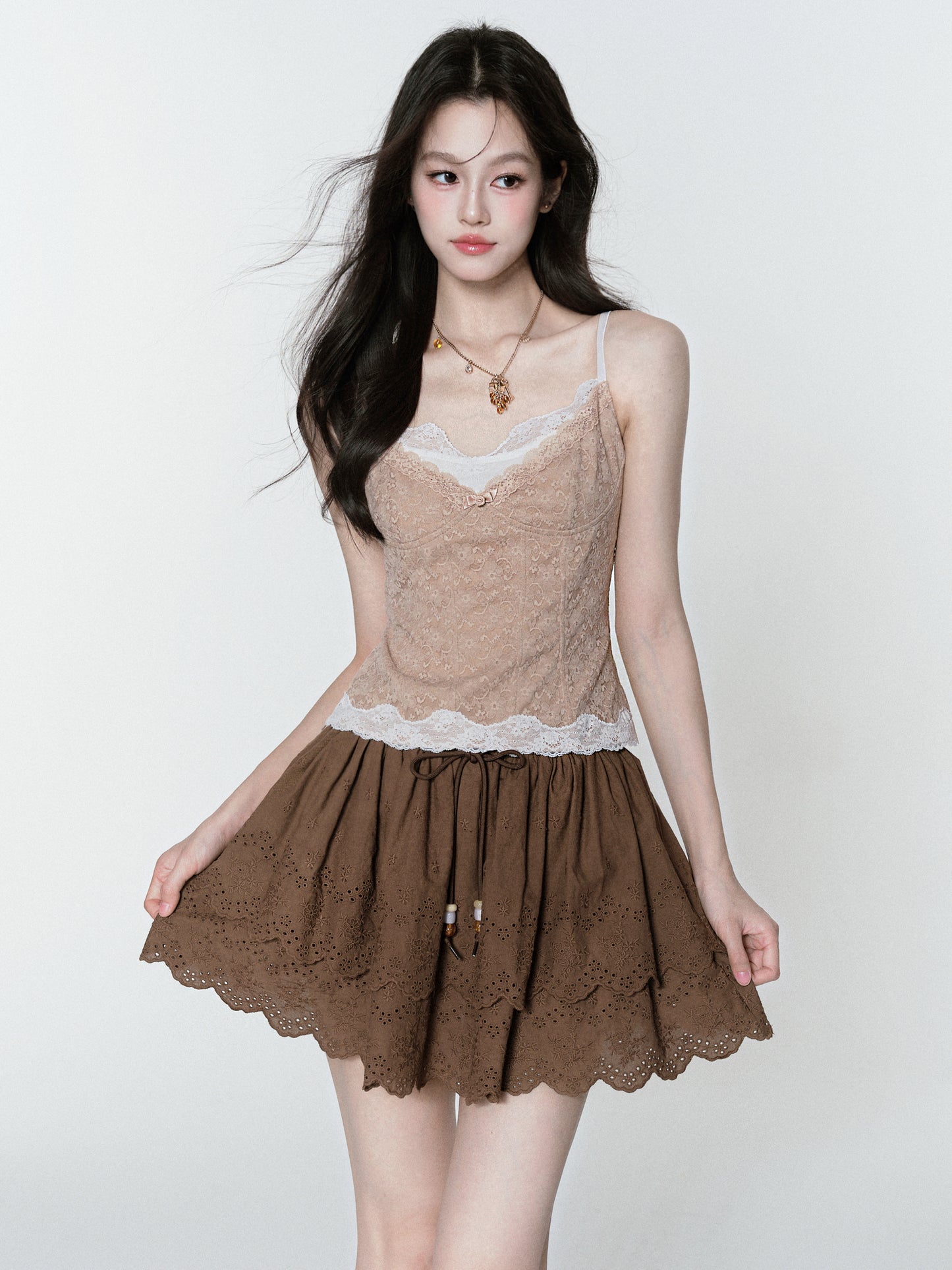 Lace Bustier Cami & High-Low Ruffle Skirt