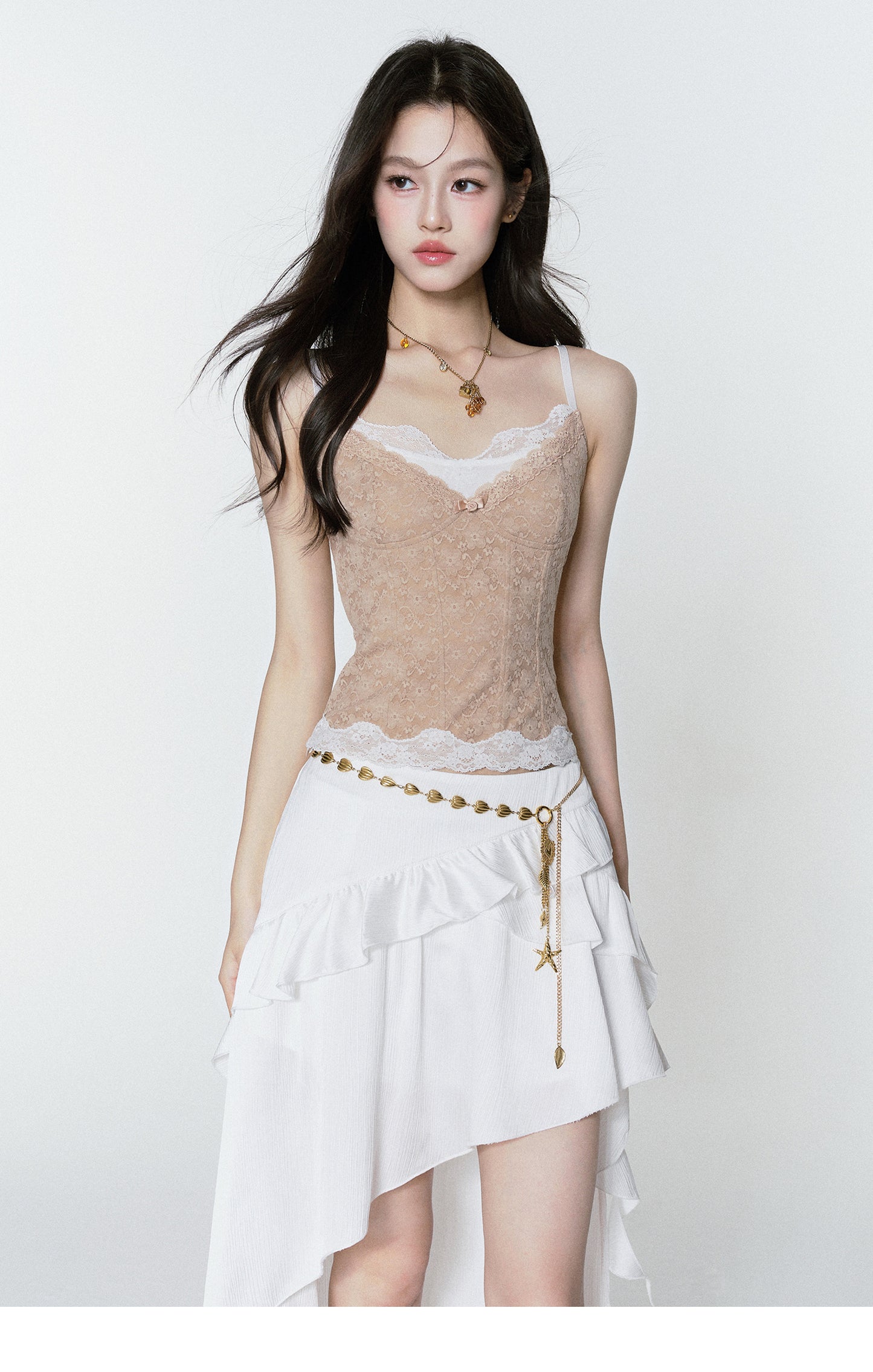 Lace Bustier Cami & High-Low Ruffle Skirt