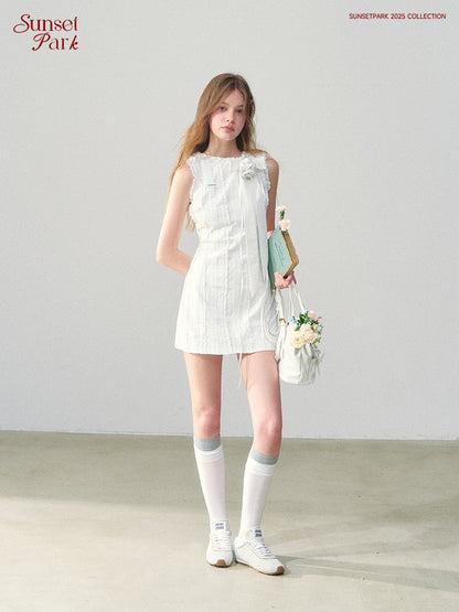 Rosette Ribbon Ruffle Mini Dress